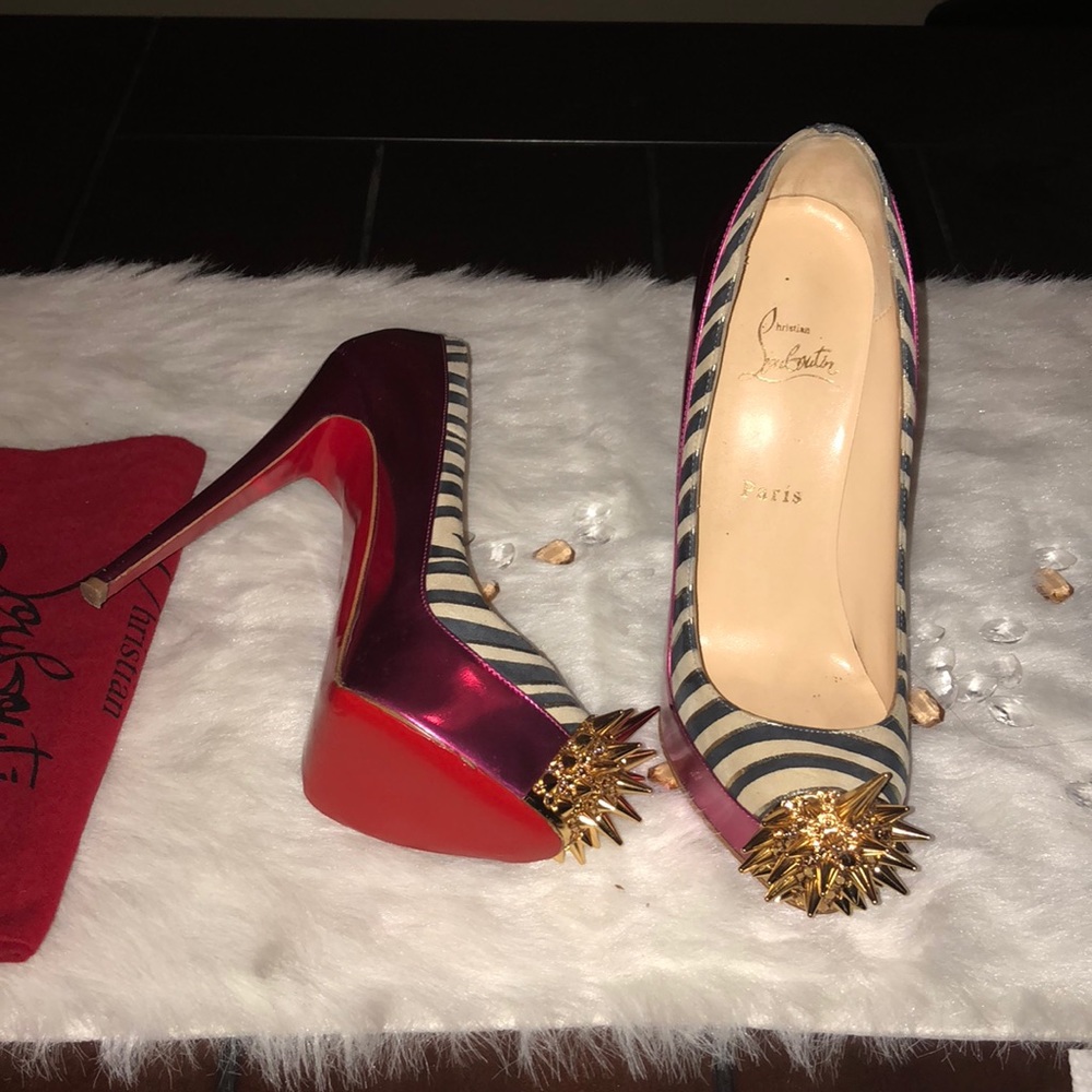 Christian Louboutin Striped Heels with Red and Gold Spikes